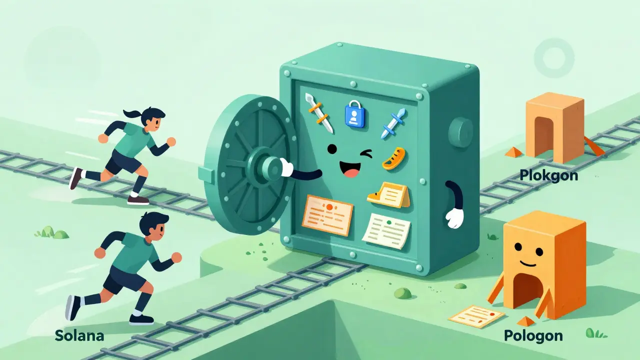 Friendly blockchain characters securing digital assets in a cartoon style