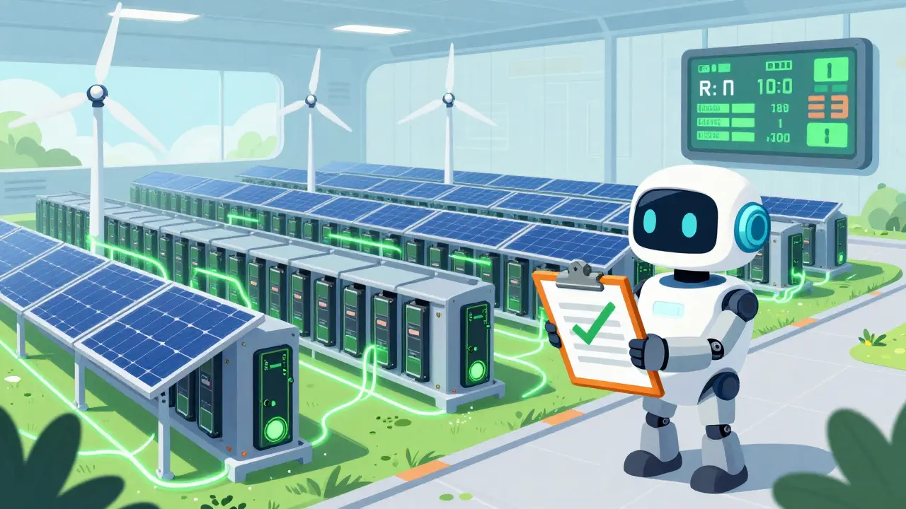Futuristic green mining farm with solar power and robot assistant