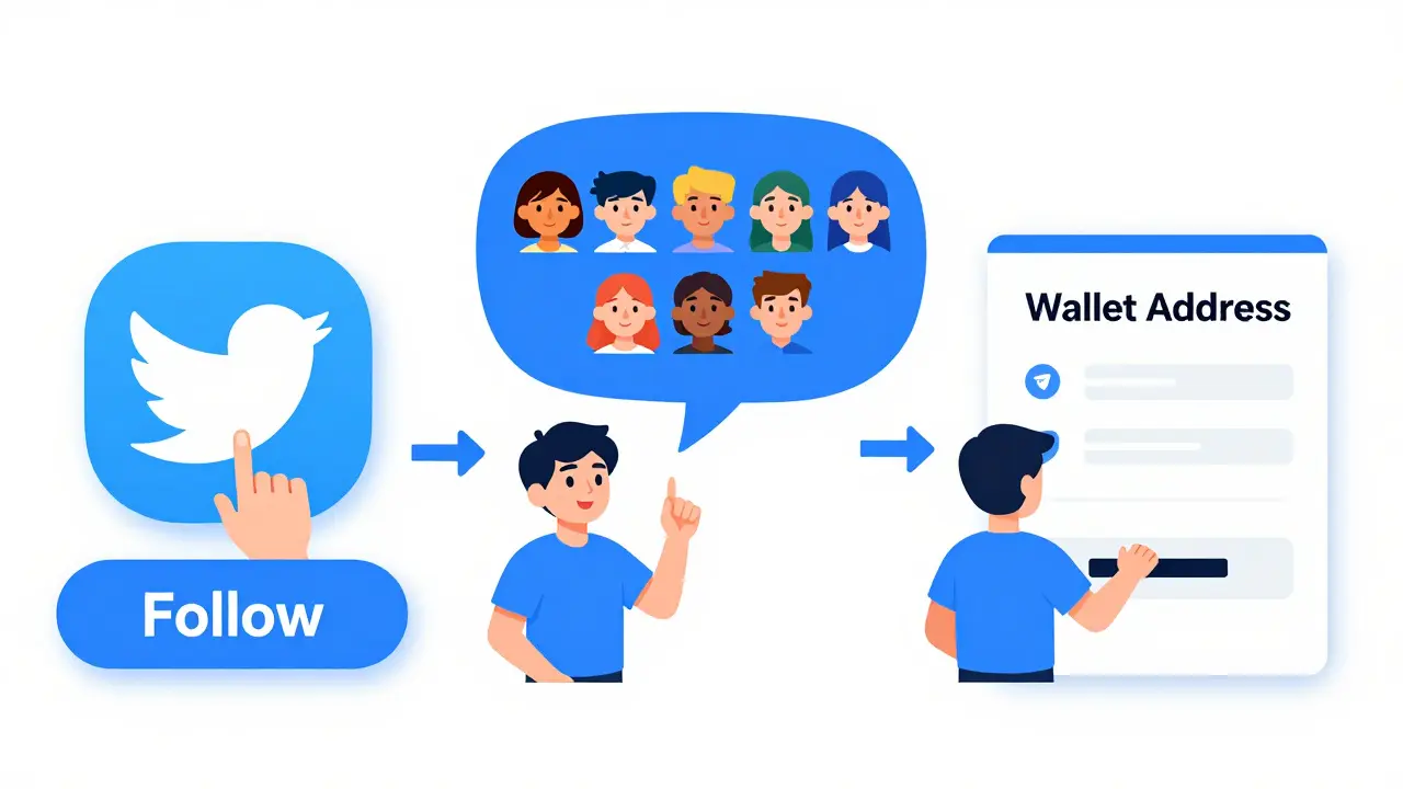 Illustration showing follow, join, and submit steps for airdrop entry