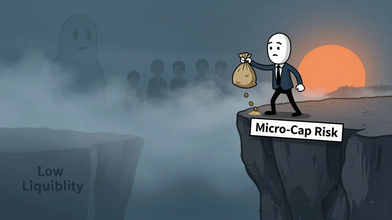 Investor losing coins over a cliff labeled Micro-Cap Risk