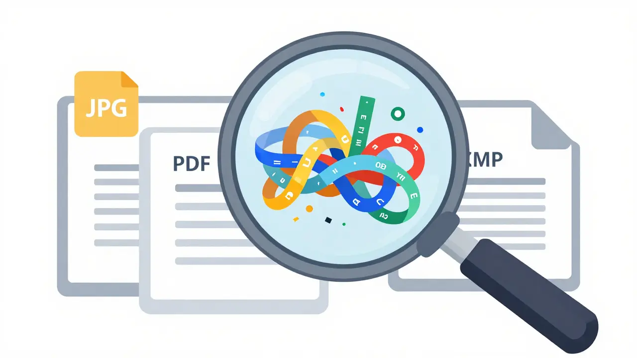 Magnifying glass revealing complex metadata layers inside digital files