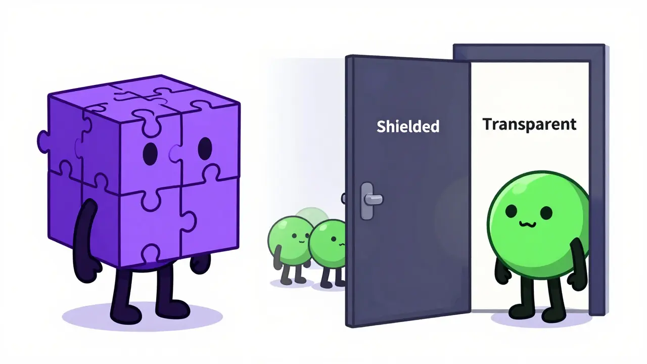 Monero vs Zcash privacy comparison with puzzle boxes and doors