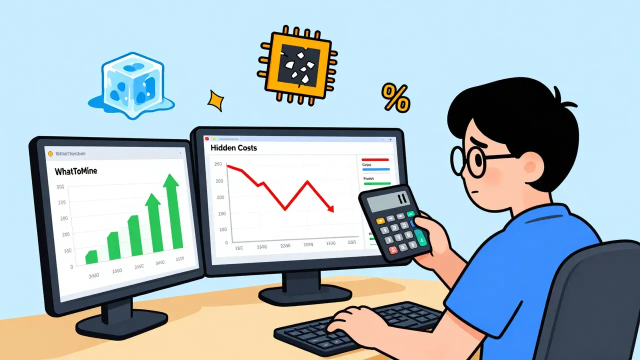 Person analyzing calculator screens with floating icons of hidden mining costs