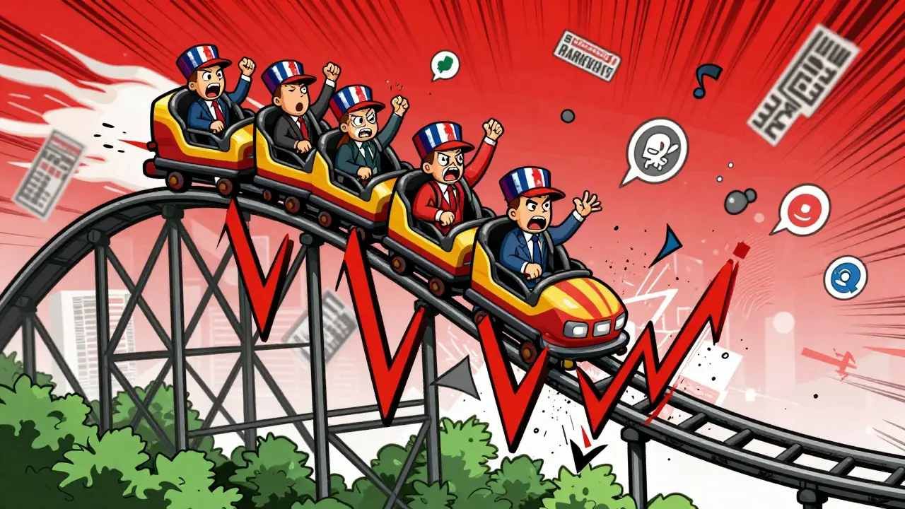 Rollercoaster chart showing volatile price swings with panicked riders