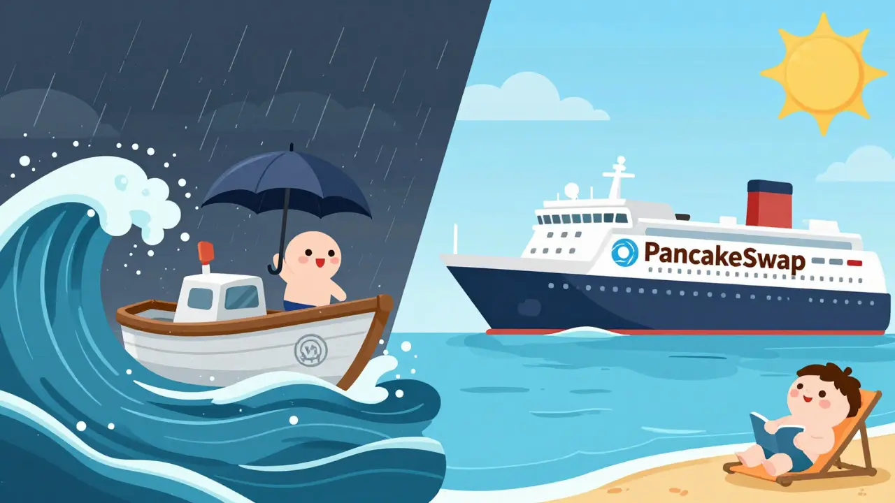 Small boat in storm vs large ship in calm sea illustrating risk