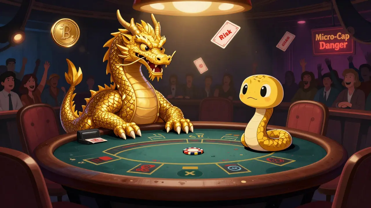 Small cartoon character at empty gambling table vs big dragon rival