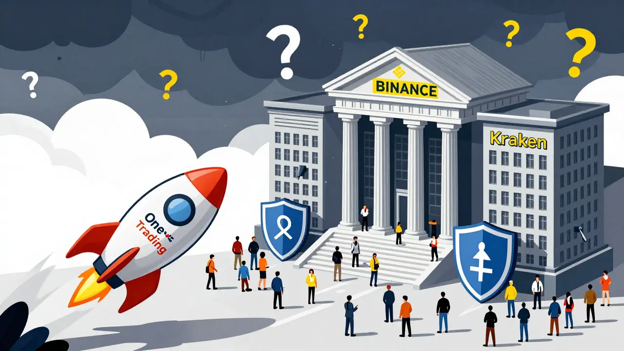 Small fast rocket vs large secure banks illustrating risk vs stability in exchanges.