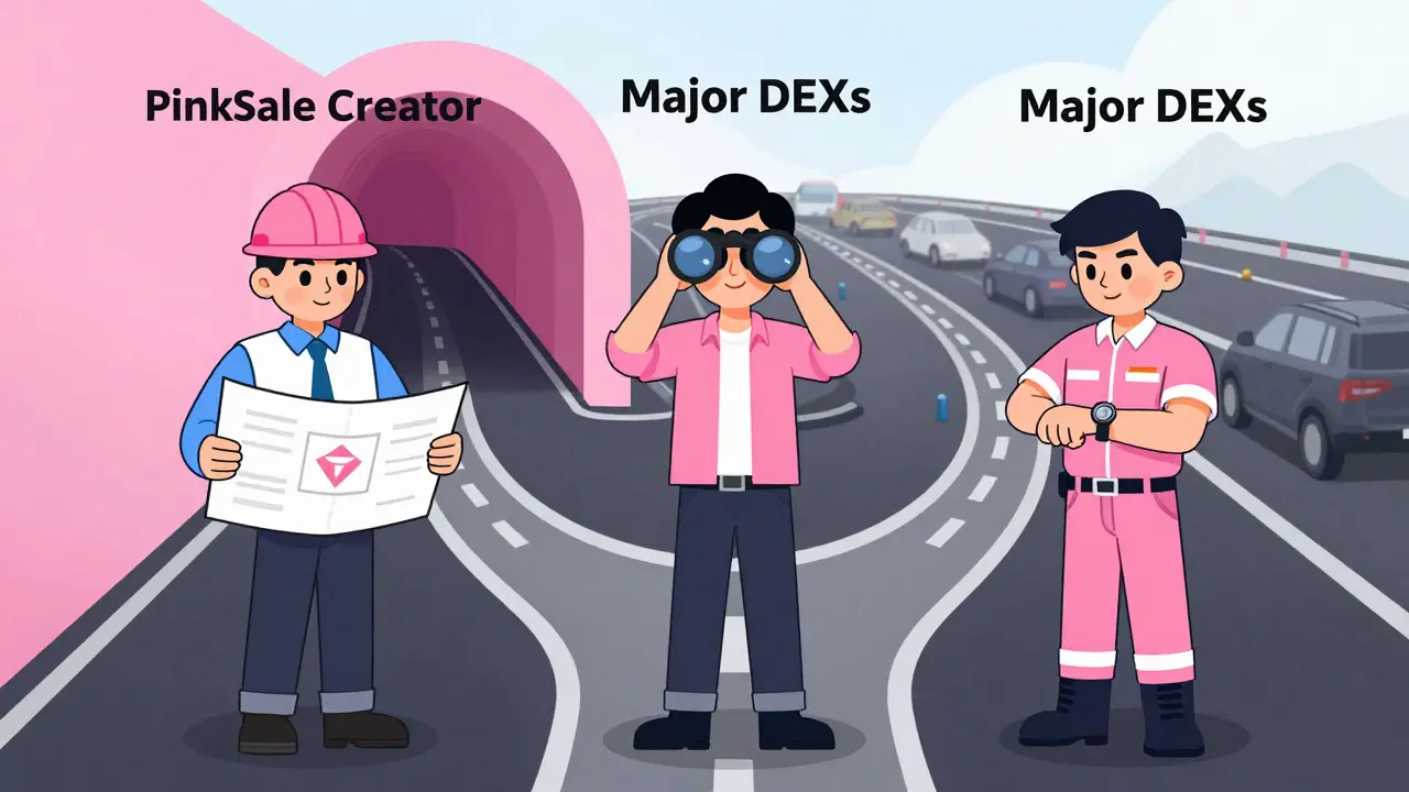 Three cartoon user types choosing paths at PinkSwap fork