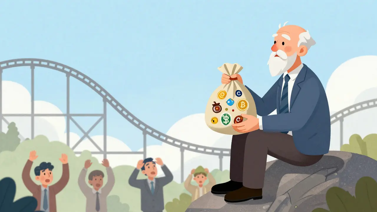 Calm investor watching volatile crypto market from afar