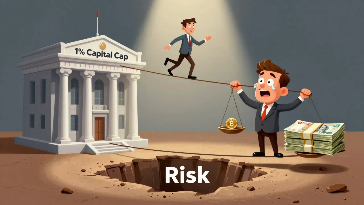 Cartoon banker balancing on 1% capital cap tightrope