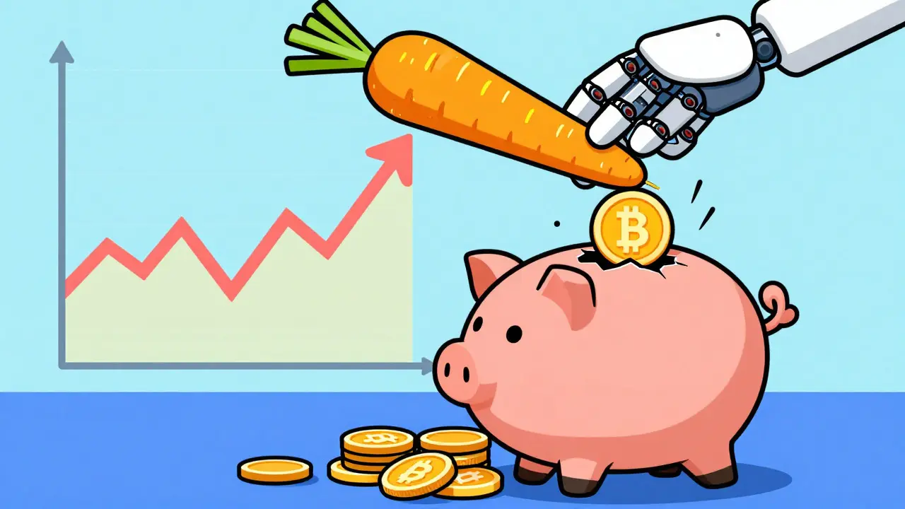 Cartoon carrot dangling over leaking crypto piggy bank for staking