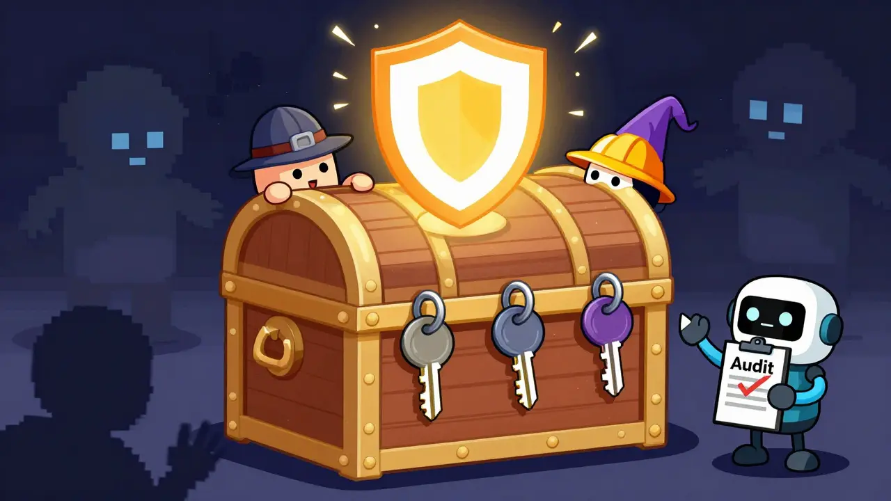 Cartoon characters using multiple keys to secure a DAO wallet against hackers