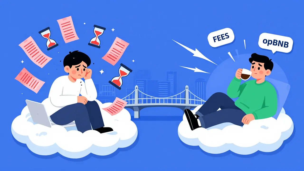 Cartoon comparing high gas fees on Ethereum vs low fees on opBNB