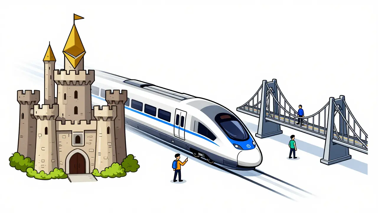 Cartoon comparison of Ethereum, Solana, and Polygon blockchain structures