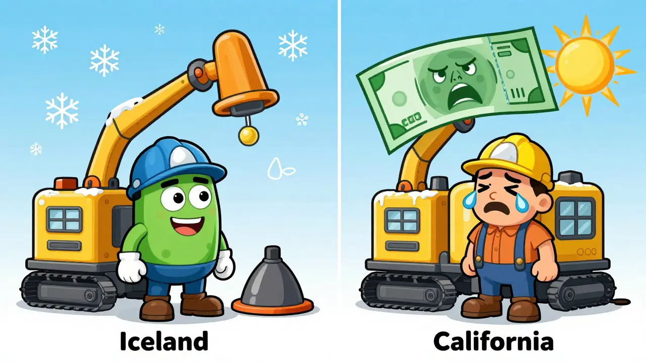 Cartoon comparison of profitable mining in Iceland vs unprofitable mining in California