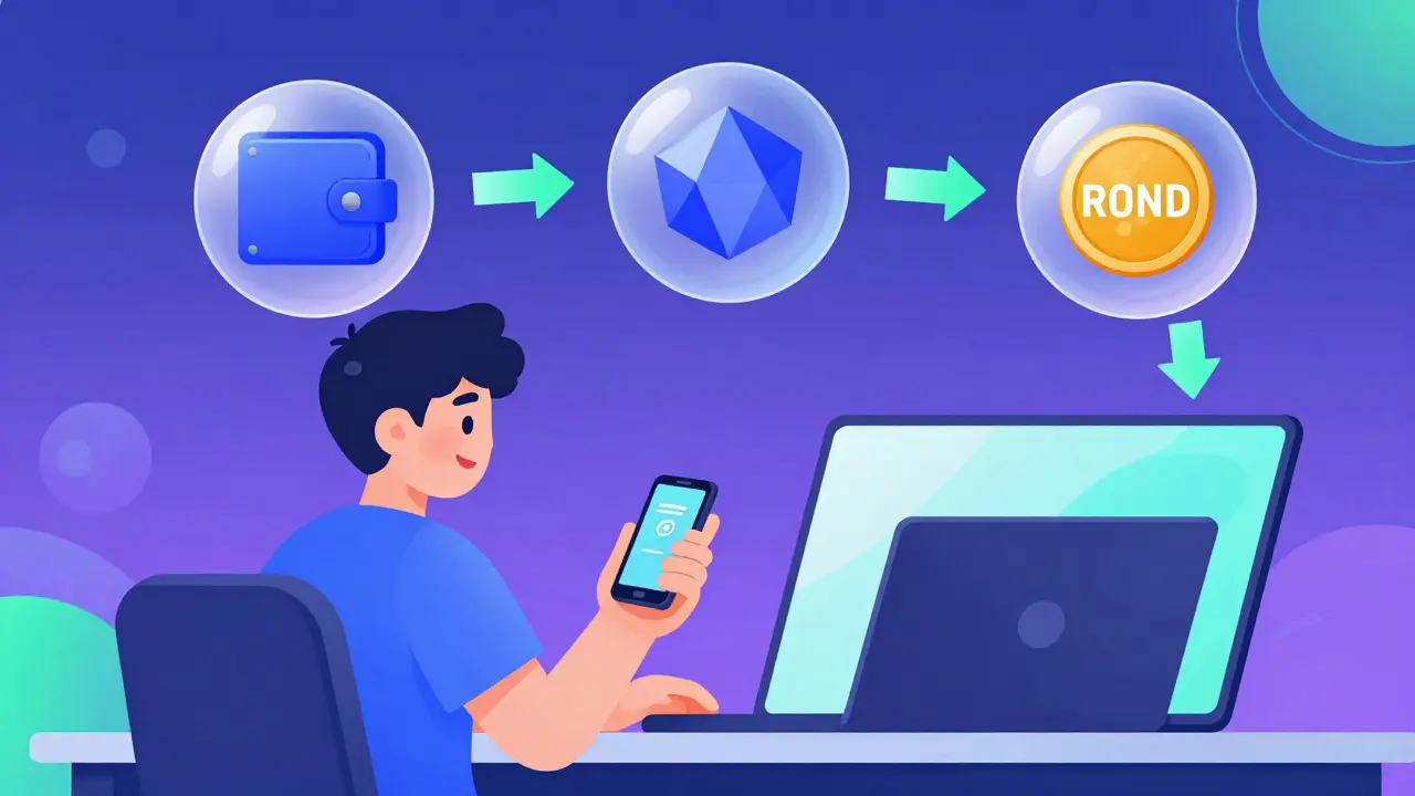 Cartoon gamer connecting wallet and phone to swap for ROND tokens.