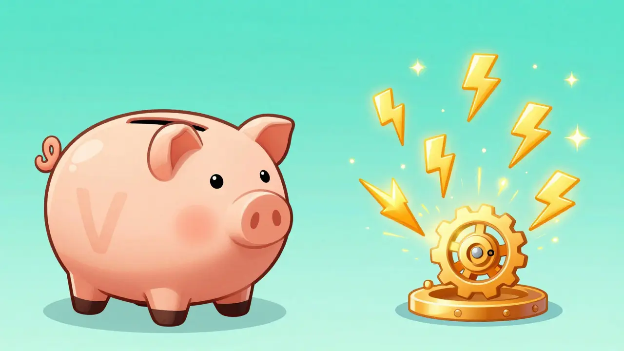 Cartoon illustration of a piggy bank generating energy bolts for transactions