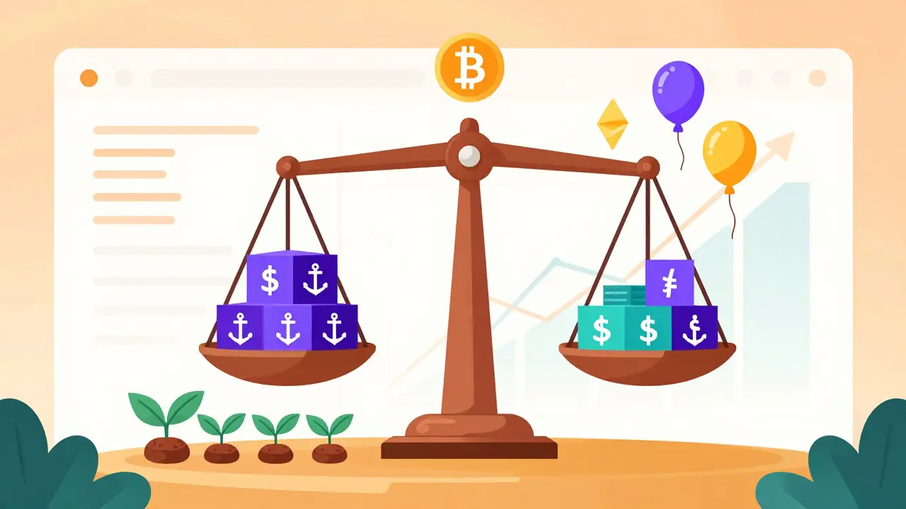 Cartoon illustration of diversified crypto assets balancing on a scale