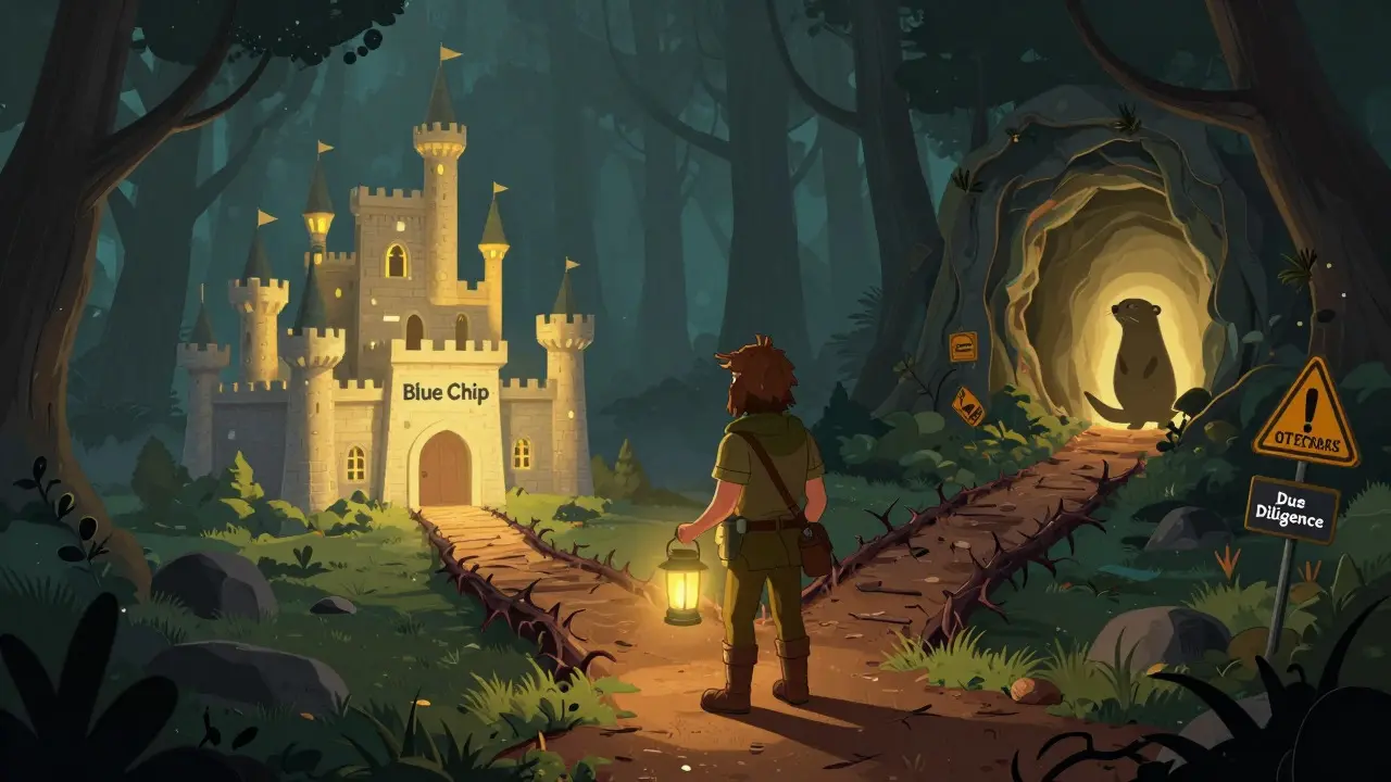 Cartoon investor choosing between safe castle and risky crypto cave