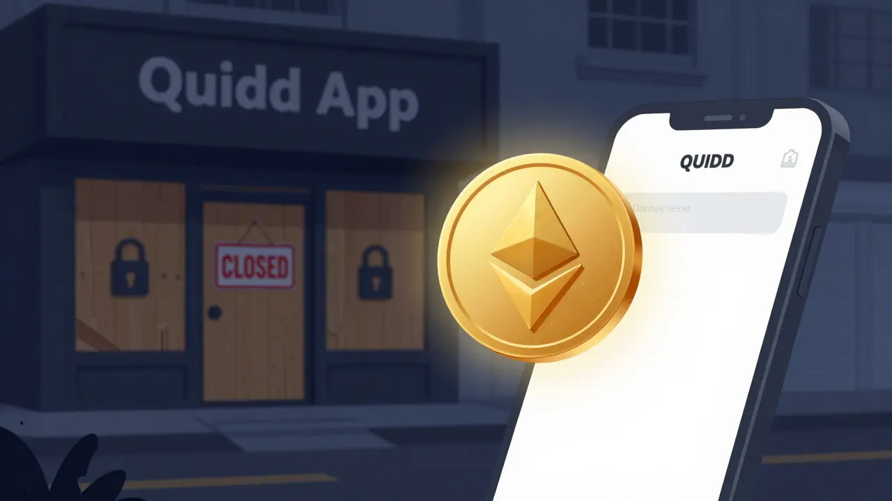 Cartoon of a gold crypto token floating near a closed, boarded-up app store