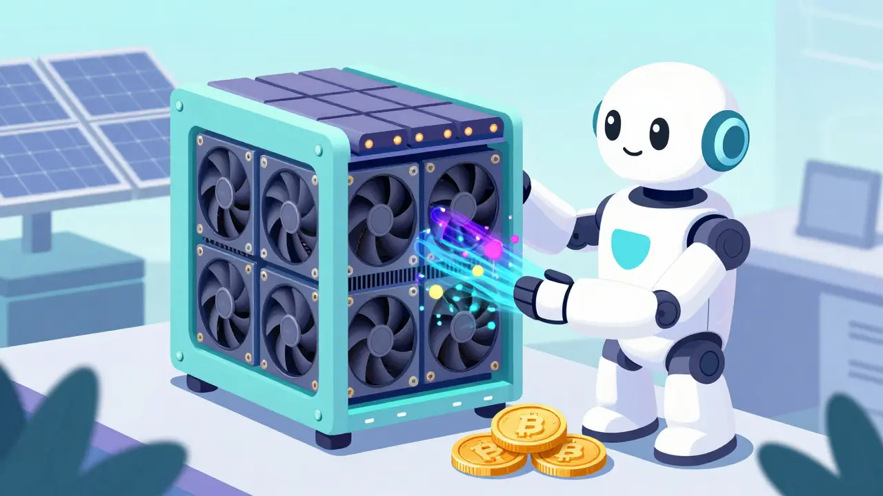 Cartoon of a hybrid GPU rig performing AI tasks and mining with solar power support