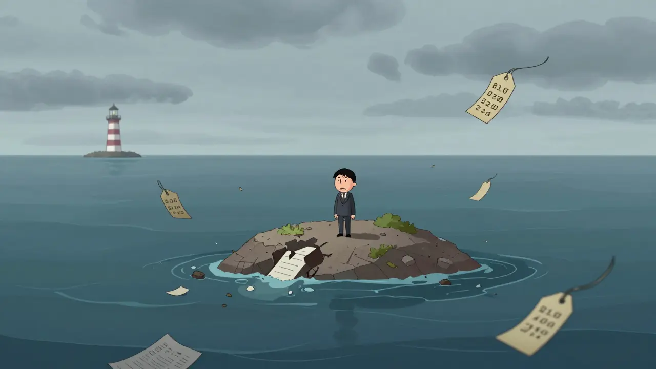 Cartoon of an investor stranded on a small island in a vast, empty sea
