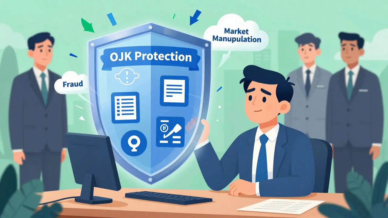 Cartoon of investor protected by OJK shield from fraud