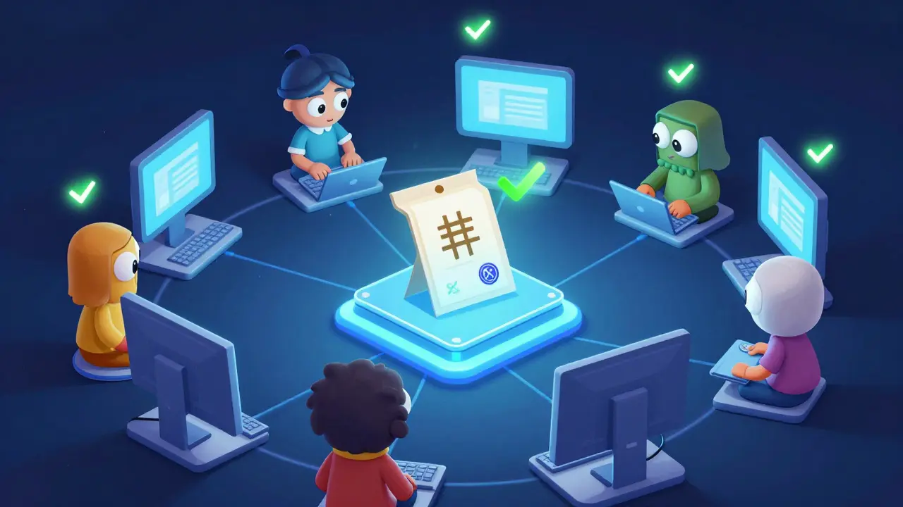 Cartoon of network nodes verifying a blockchain transaction