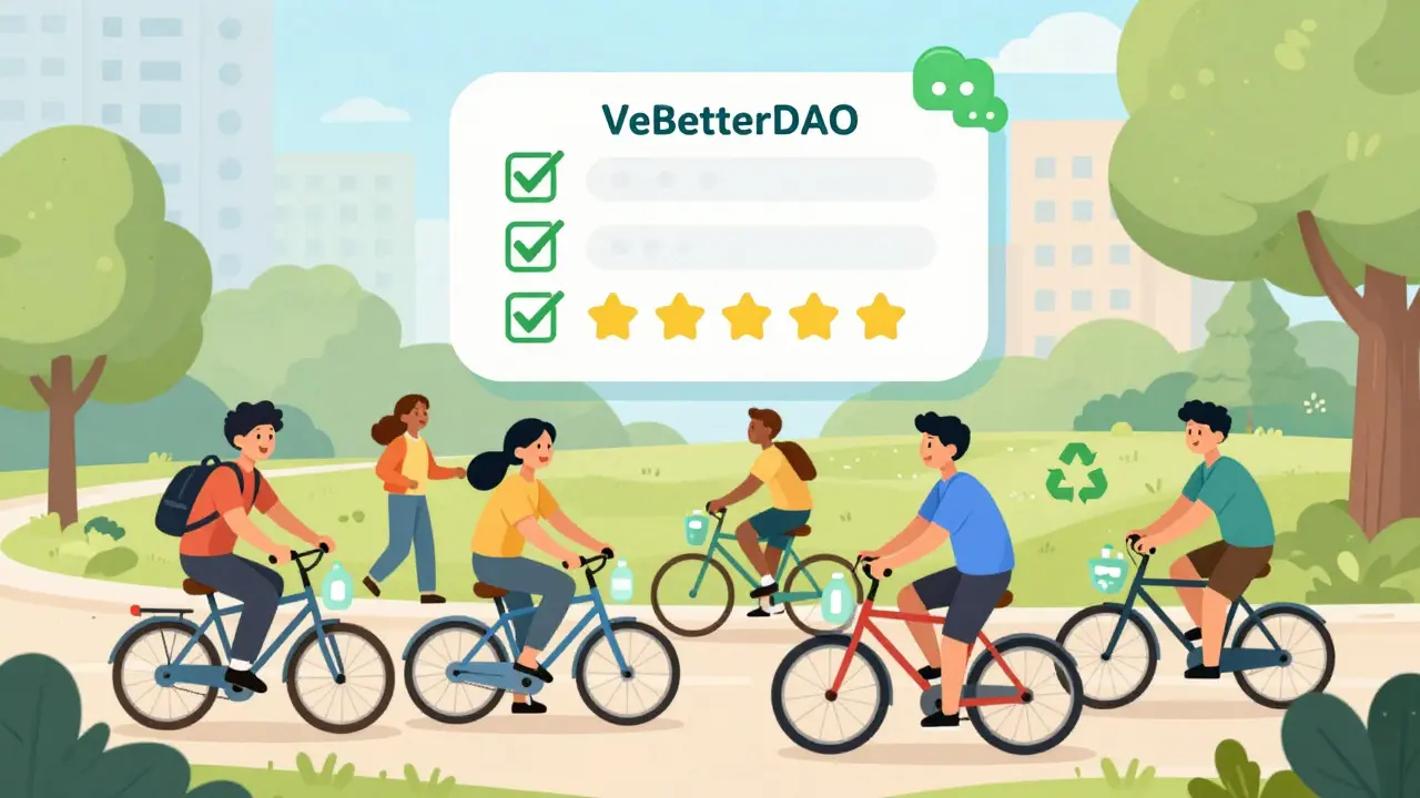 Cartoon of people recycling and biking with digital reward icons above them