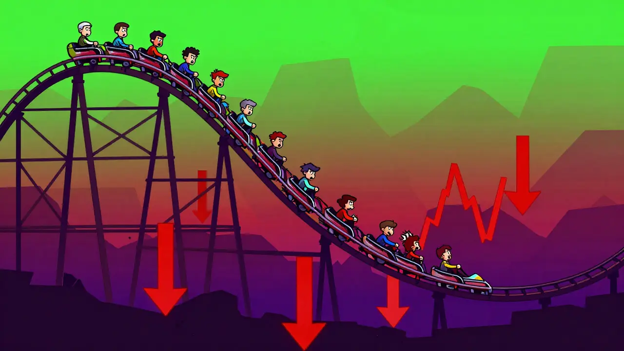 Cartoon rollercoaster plunging down, symbolizing crypto price volatility