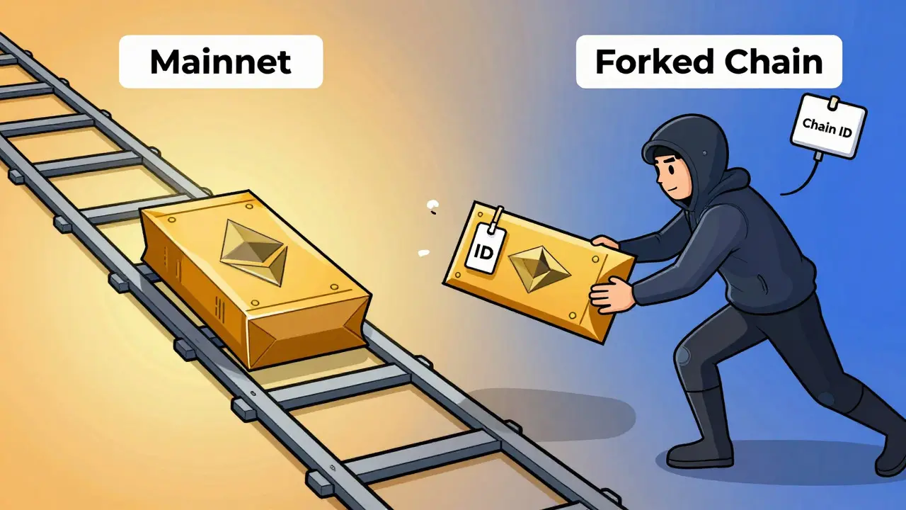 Cartoon showing a transaction rejected on a forked blockchain chain.