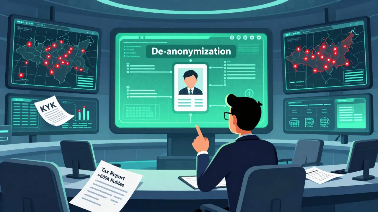 Cartoon surveillance room tracking crypto transactions