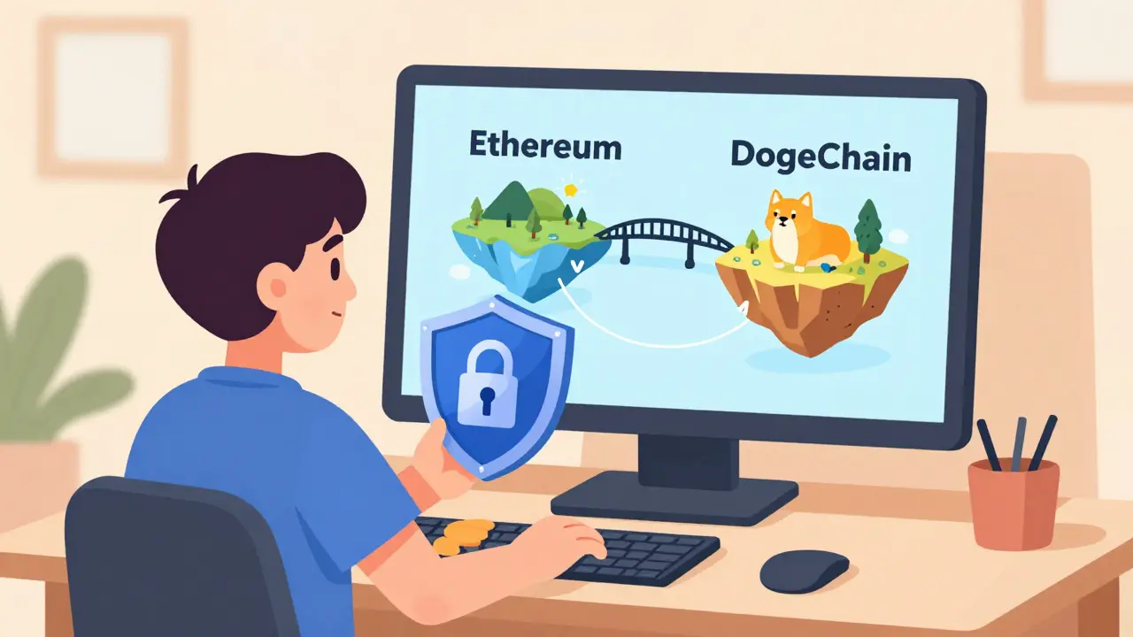 Cartoon trader securing assets while bridging to DogeChain