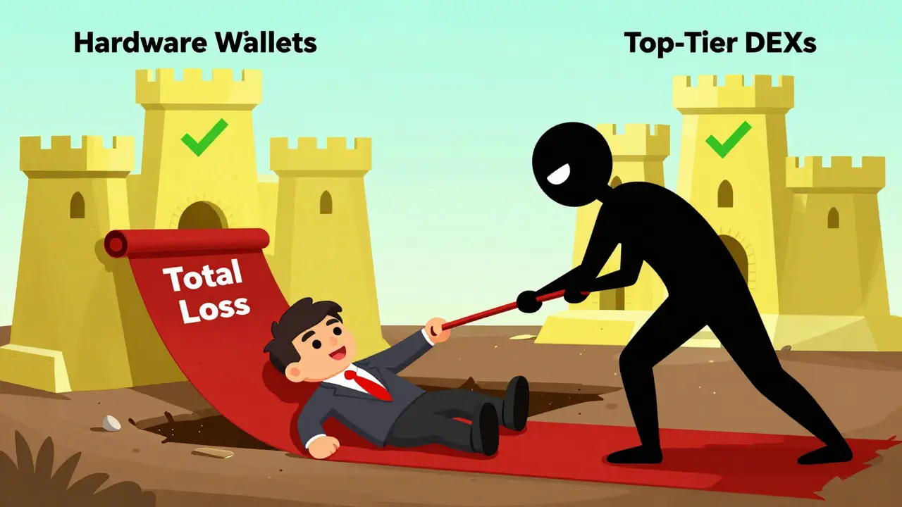 Cartoon warning of rug pull scam with investor falling, contrasting safe crypto alternatives.