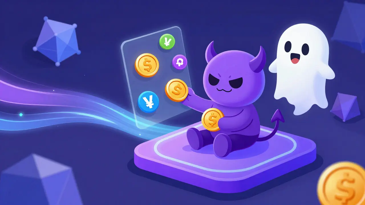 Cute demon mascot swapping tokens on a glowing decentralized exchange platform