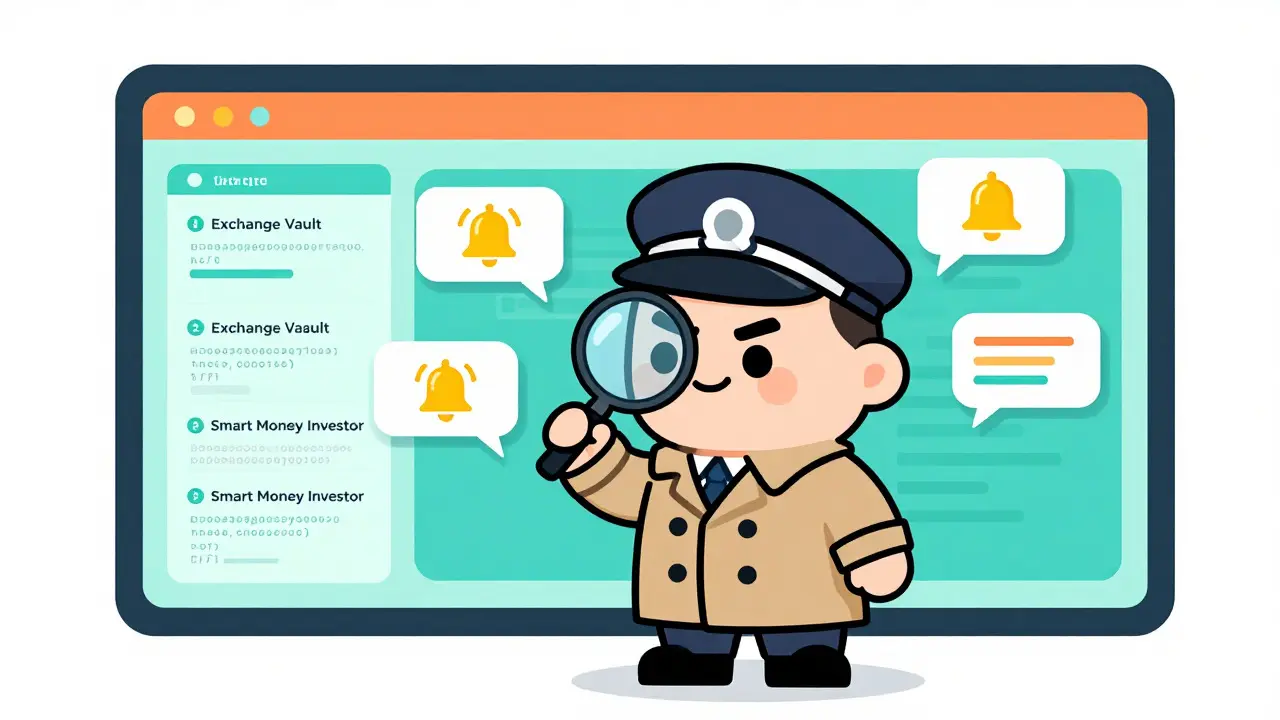 Detective analyzing labeled crypto wallets on a colorful dashboard