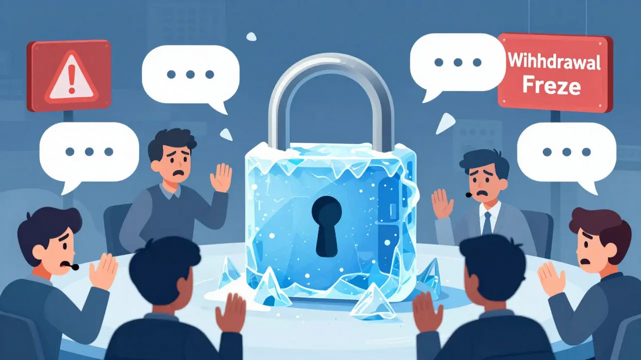Frozen crypto wallet with locked padlock and angry users