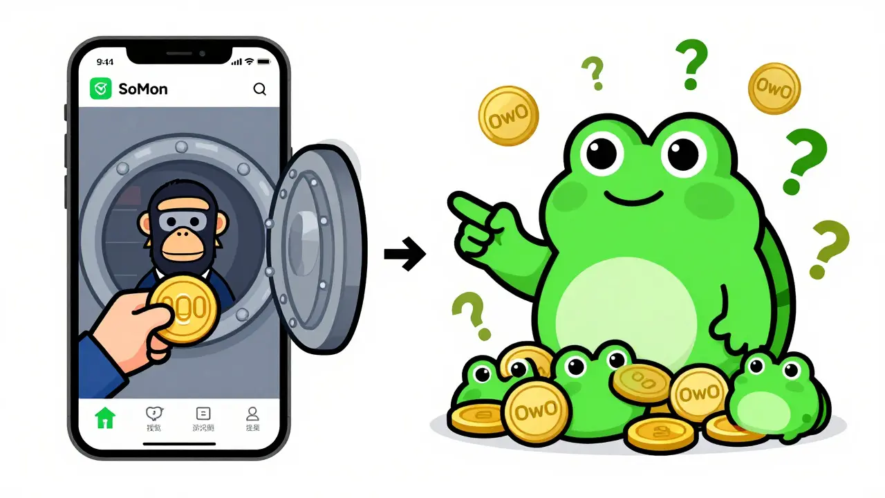 Illustration comparing SoMon OWO utility vs OwO frog meme coin