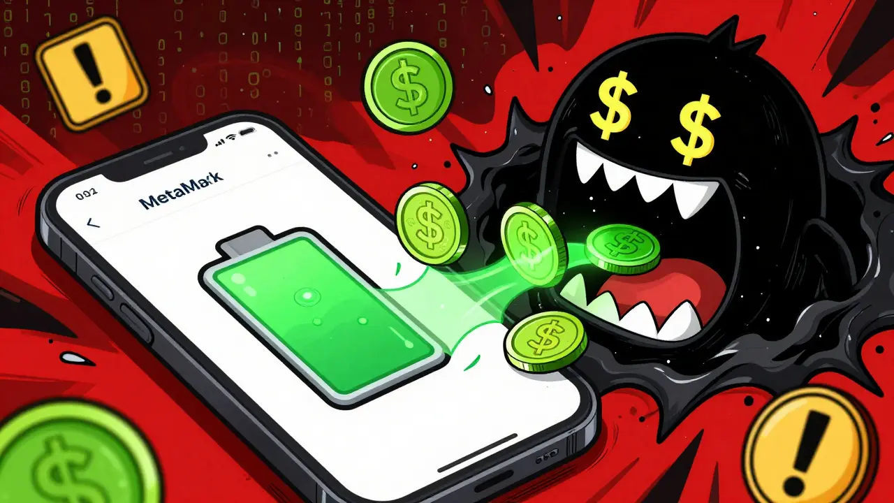 Illustration of digital coins draining from phone into a monster's mouth