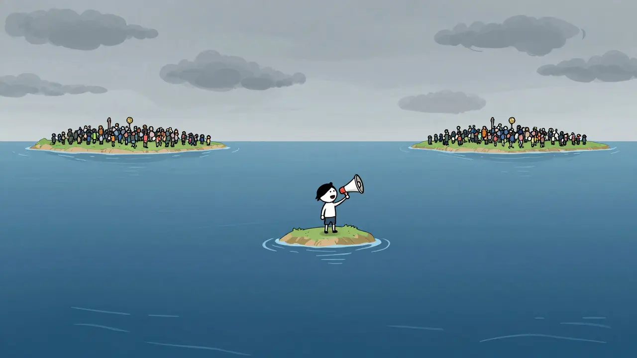 Lone figure shouting into an empty void representing lack of community