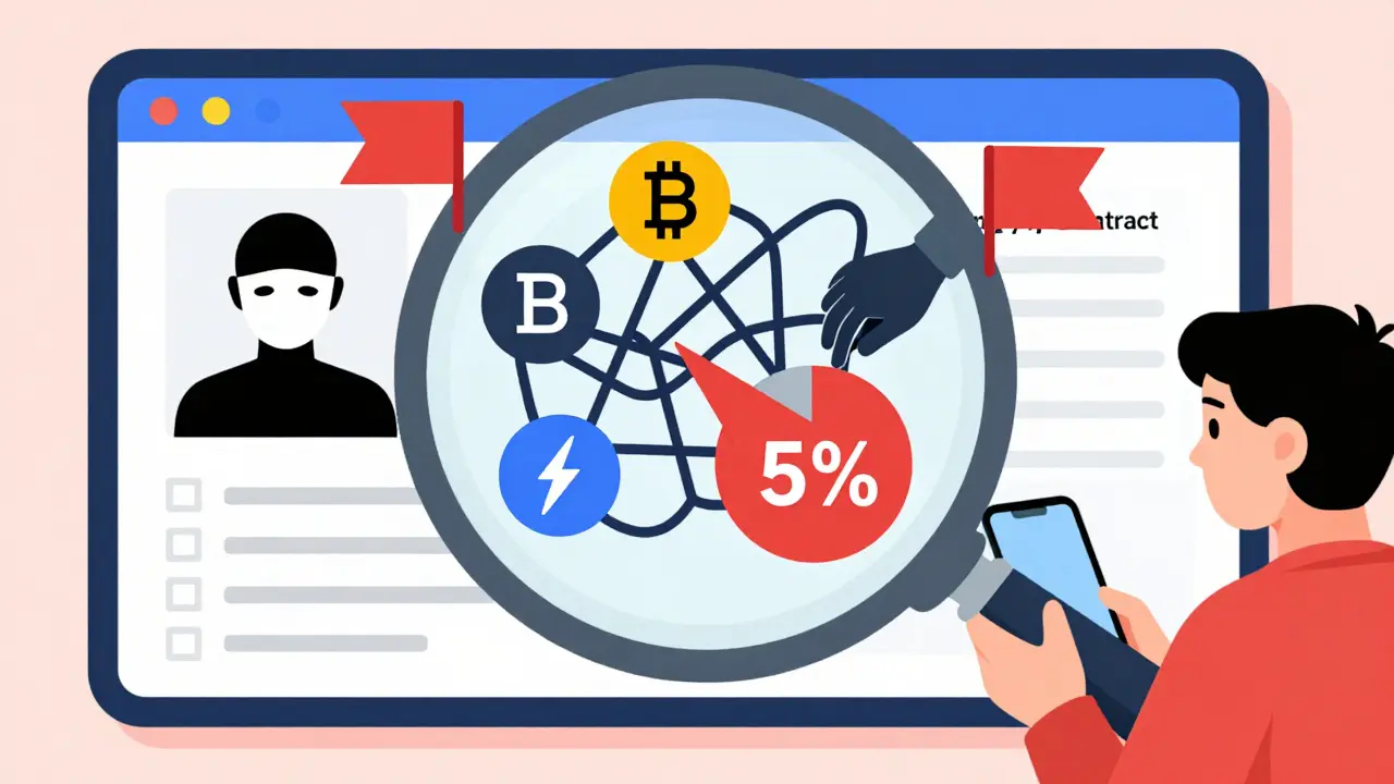 Magnifying glass revealing hidden risks and taxes in crypto wallet
