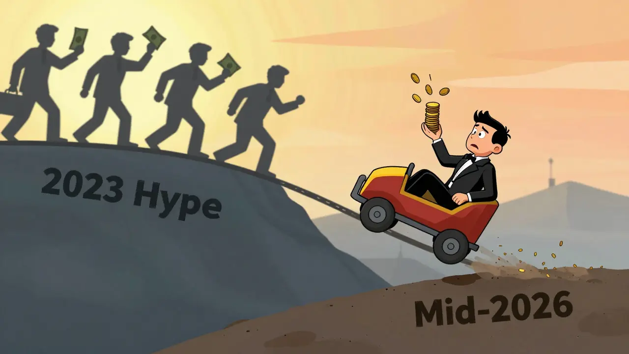 Rollercoaster crashing down from hype peak to low value valley