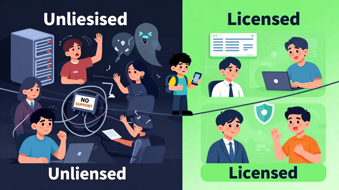 Split cartoon showing risks of unlicensed vs safety of licensed crypto exchanges