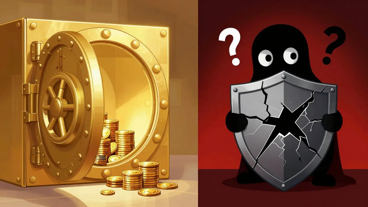 Split view showing crypto rewards on one side and shadowy security risks on the other