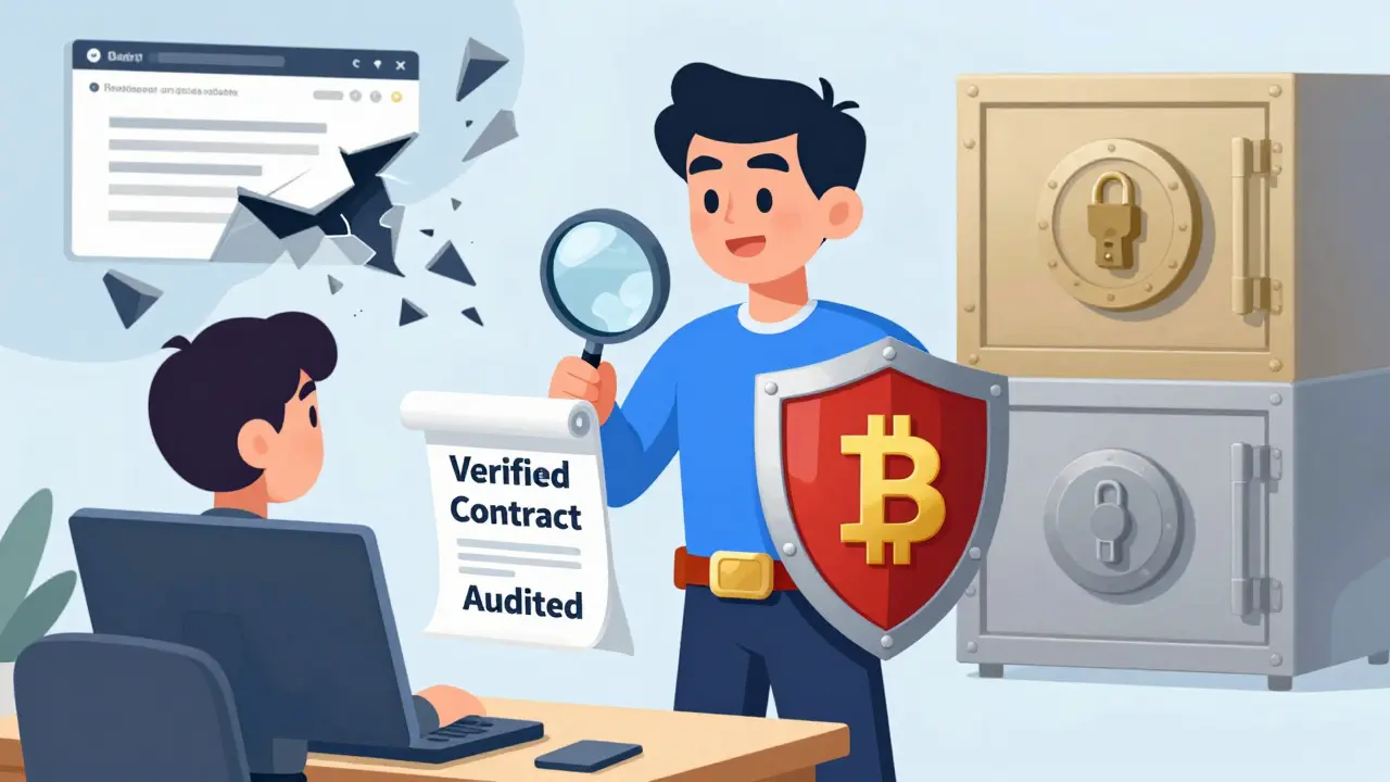 Superhero protecting user with shield and magnifying glass against scams