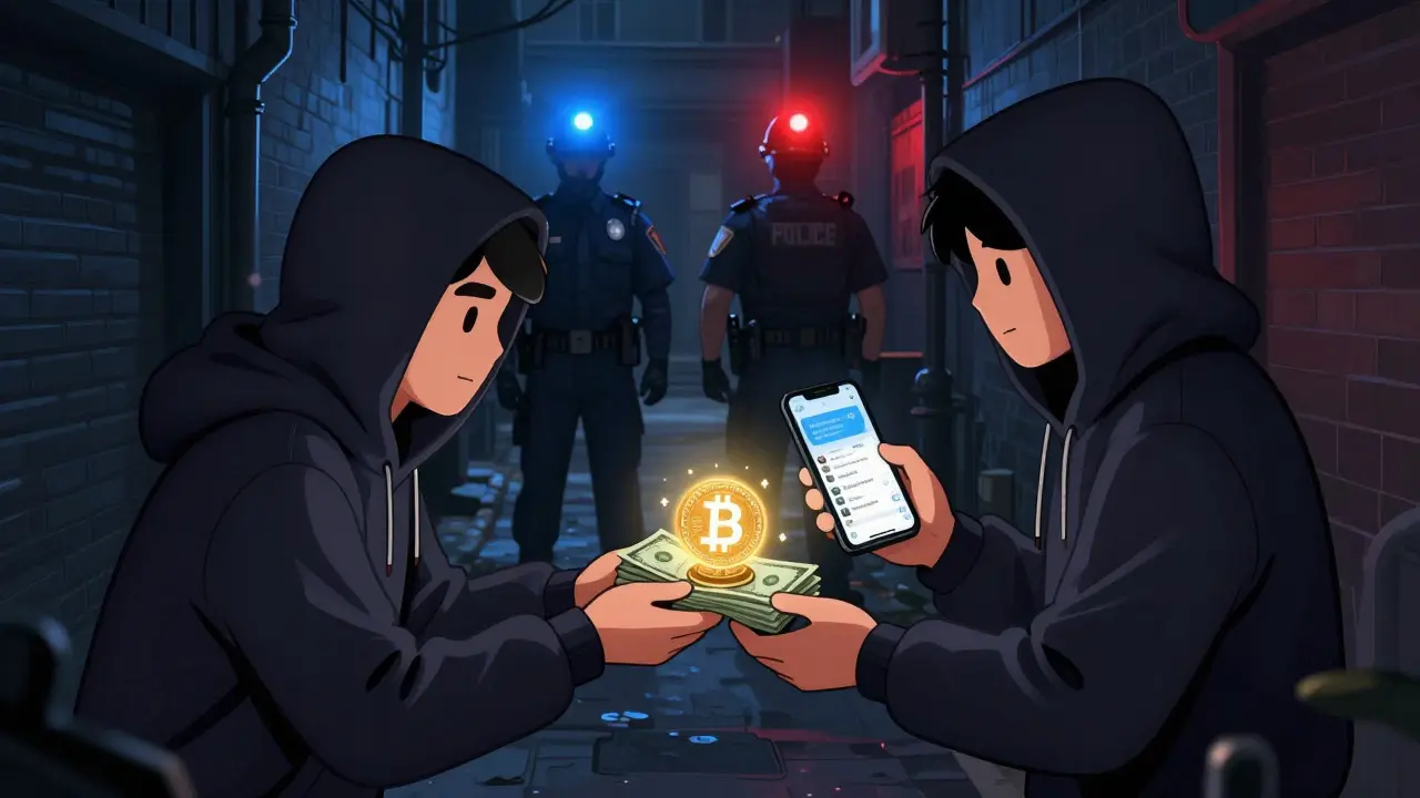 Underground traders exchanging cash for crypto tokens in secret