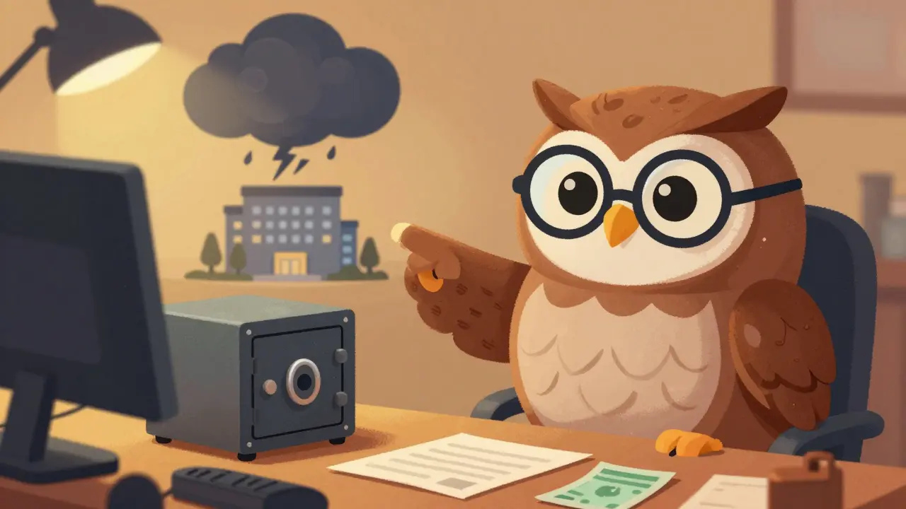 Wise owl advising caution with hardware wallet next to stormy exchange background