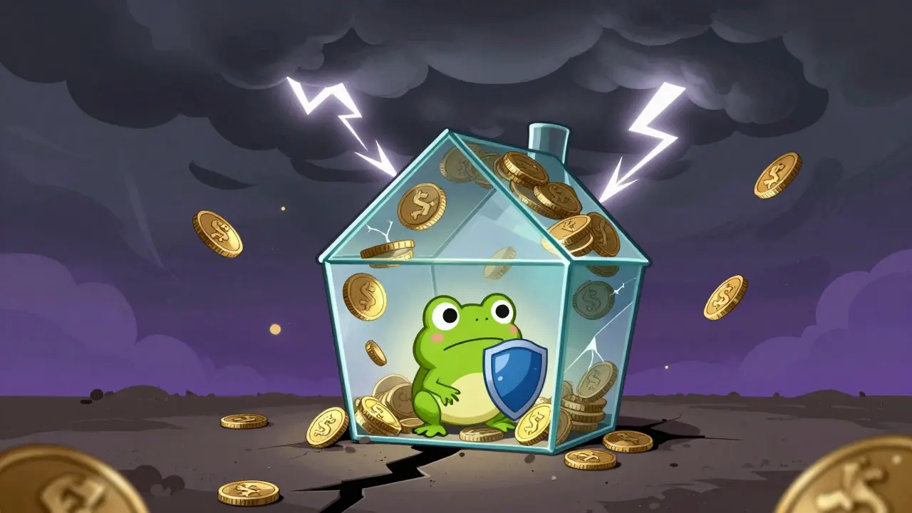 A cartoon frog inside a glass coin house faces a stormy sky, symbolizing financial risk.