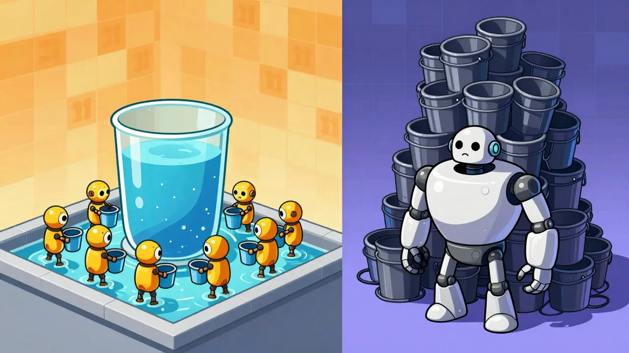 A cartoon split view showing a group of robots working together versus one robot failing alone.