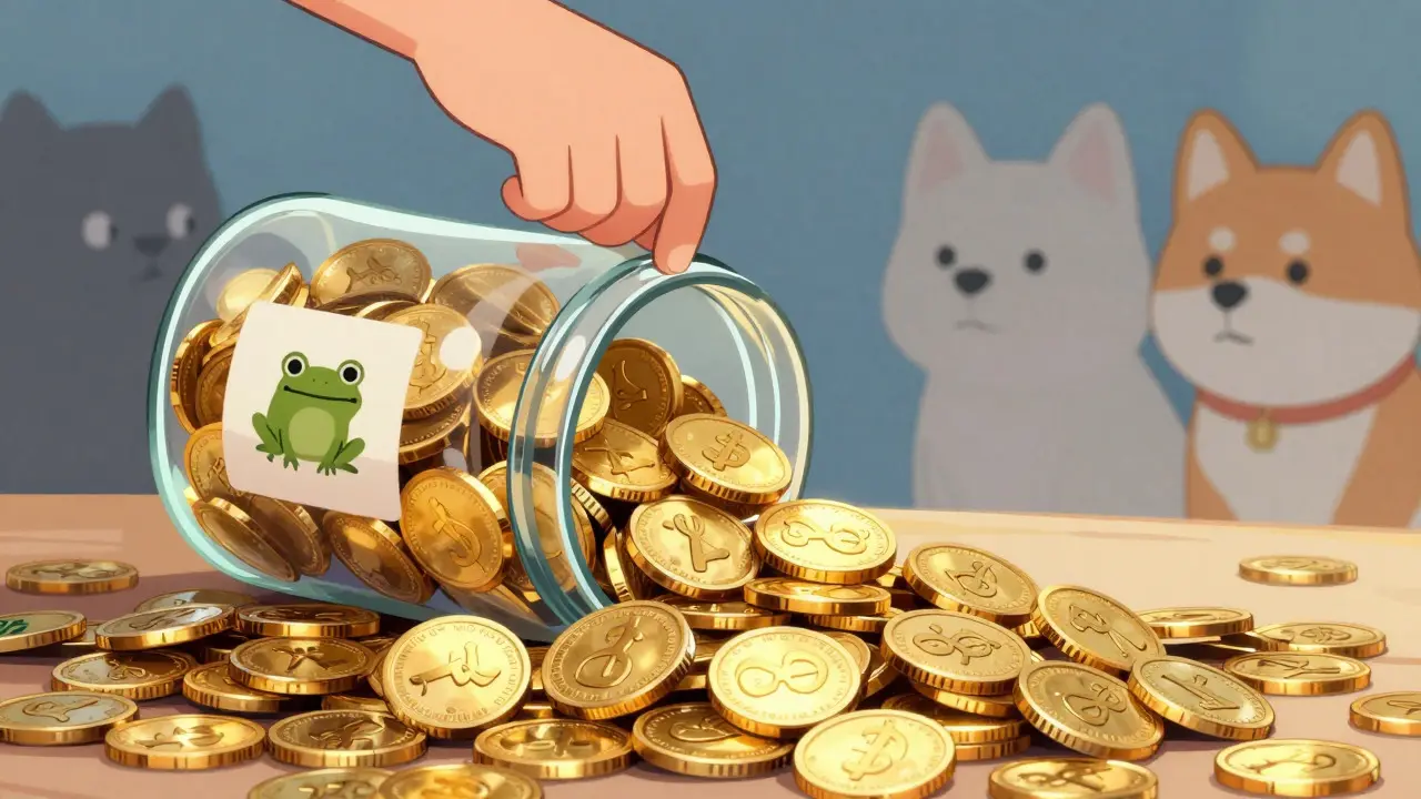 A hand grabs gold coins from a jar, with other cartoon animals watching in the background.